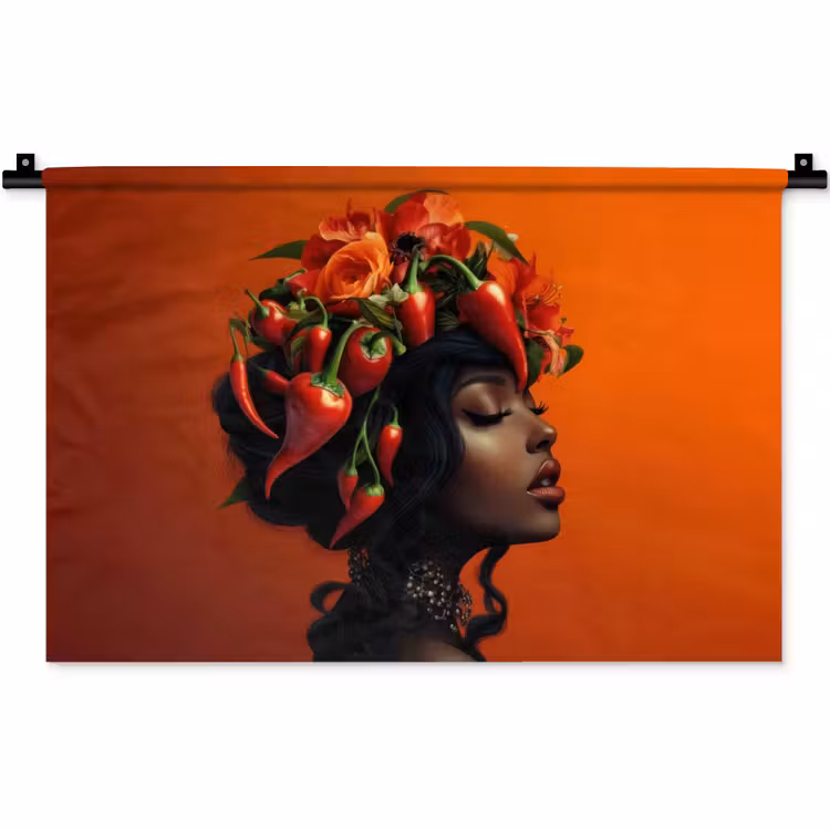 Wandkleed - Vrouw - Chilipepers - Pepers - Bloemen — 1