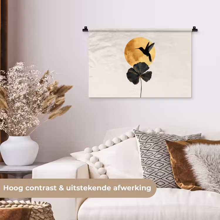 Wandkleed - Zwarte kolibrie - Bloem - Gouden cirkel — 4