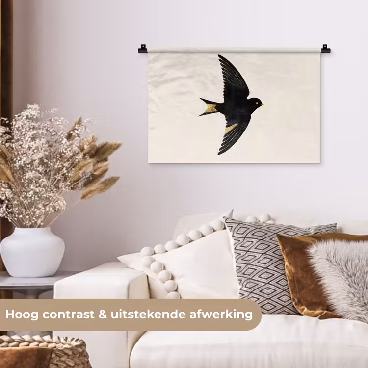Wandkleed - Zwarte zwaluw - Gouden accenten - Lichte achtergrond — 4