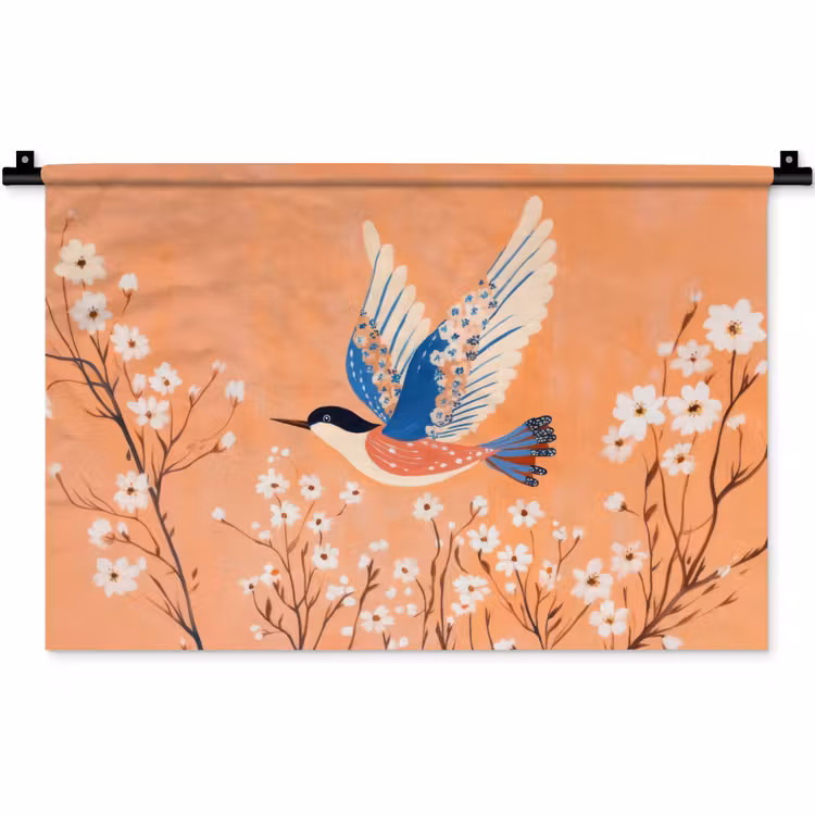 Wandkleed - Vogel - Bloesemtakken - Warm - Kleurrijk — 1