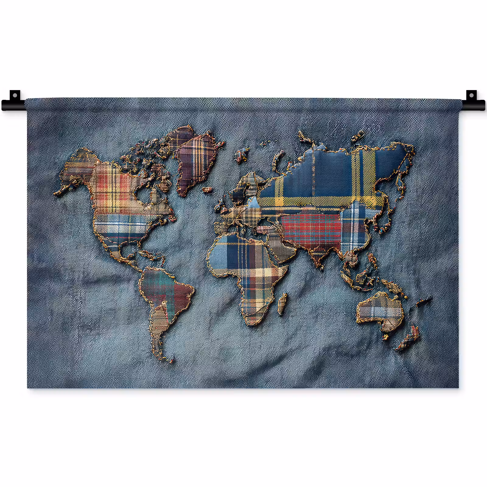 Wandkleed - Wereldkaart - Denim - Textiel — 1