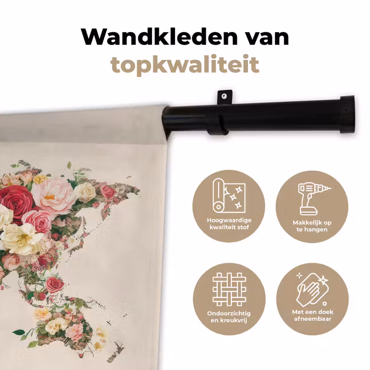 Wandkleed - Wereldkaart - Bloemen - Roze — 3