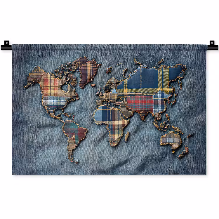 Wandkleed - Wereldkaart - Denim - Textiel — 1
