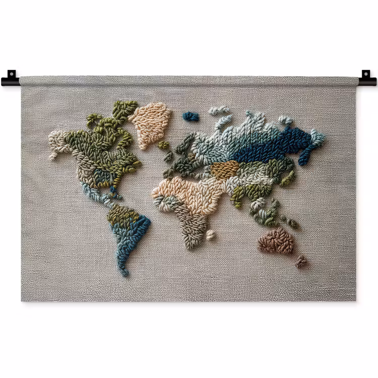 Wandkleed - Wereldkaart - Geborduurd - Aardetinten — 1