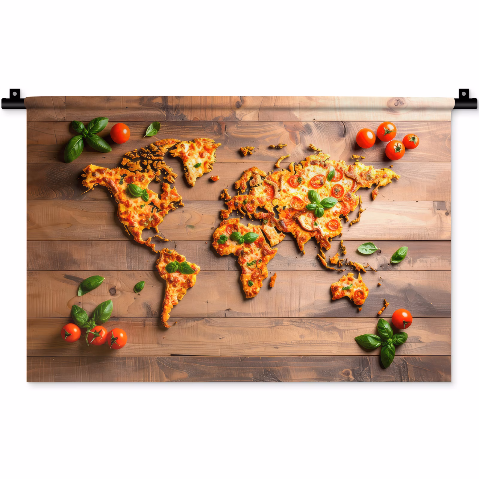 Wandkleed - Wereldkaart - Pizza - Houten ondergrond — 1