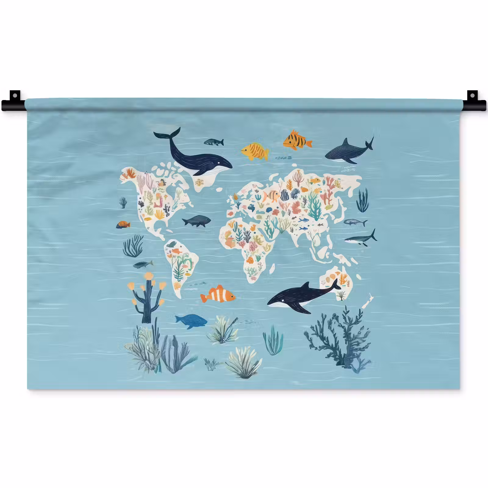 Wandkleed - Wereldkaart - Zeeleven - Blauw — 1