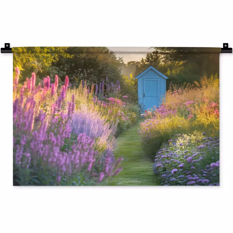 Wandkleed - Tuinhuisje - Blauw - Bloemen — 1