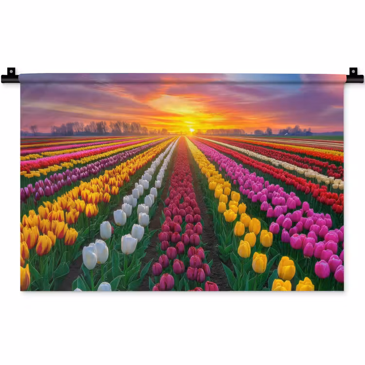 Wandkleed - Tulpenveld - Zonsondergang - Kleurrijk — 1