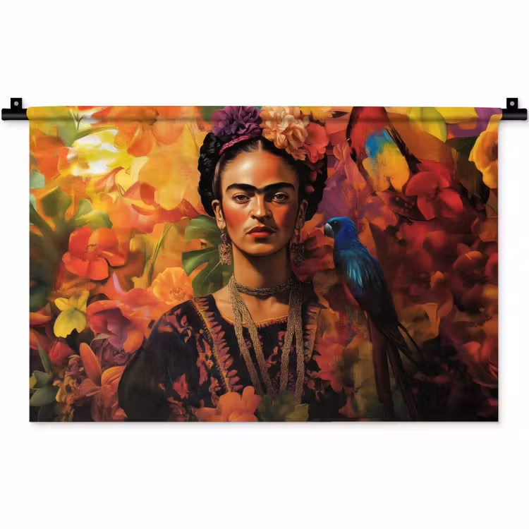 Wandkleed - Vrouw - Bloemen - Papegaai - Schilderachtig — 1