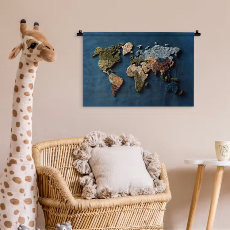 Wandkleed - Wereldkaart - Geborduurd - Verschillende tinten — 5