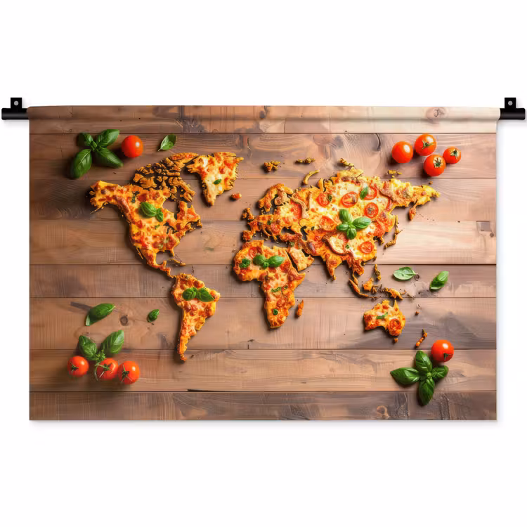 Wandkleed - Wereldkaart - Pizza - Houten ondergrond — 1