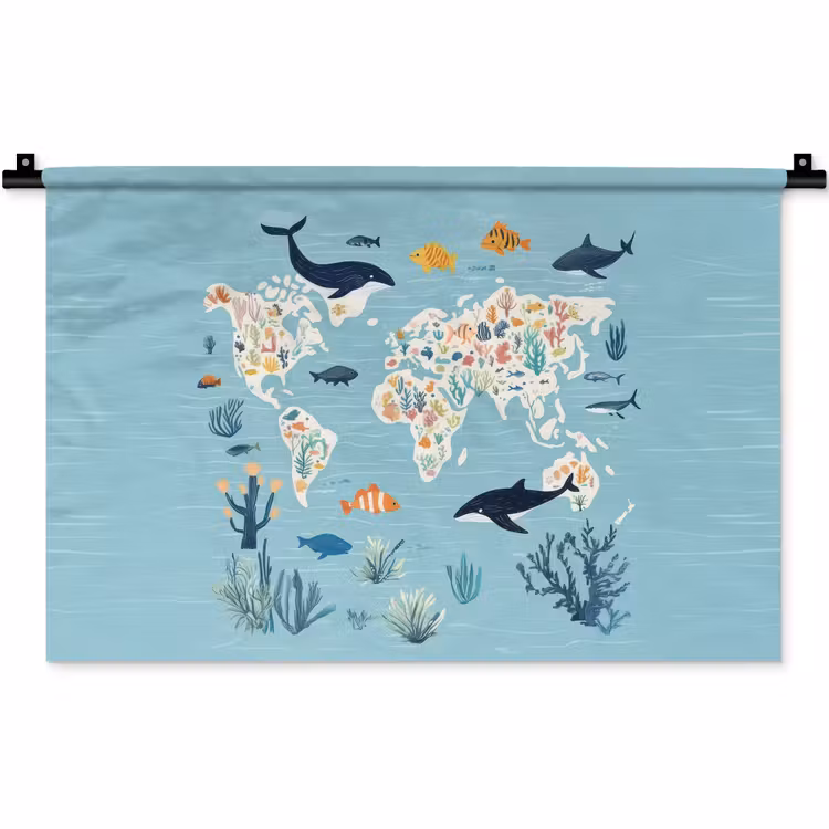 Wandkleed - Wereldkaart - Zeeleven - Blauw — 1