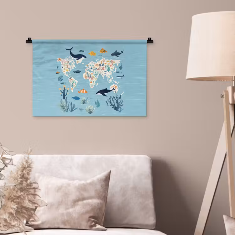 Wandkleed - Wereldkaart - Zeeleven - Blauw — 2