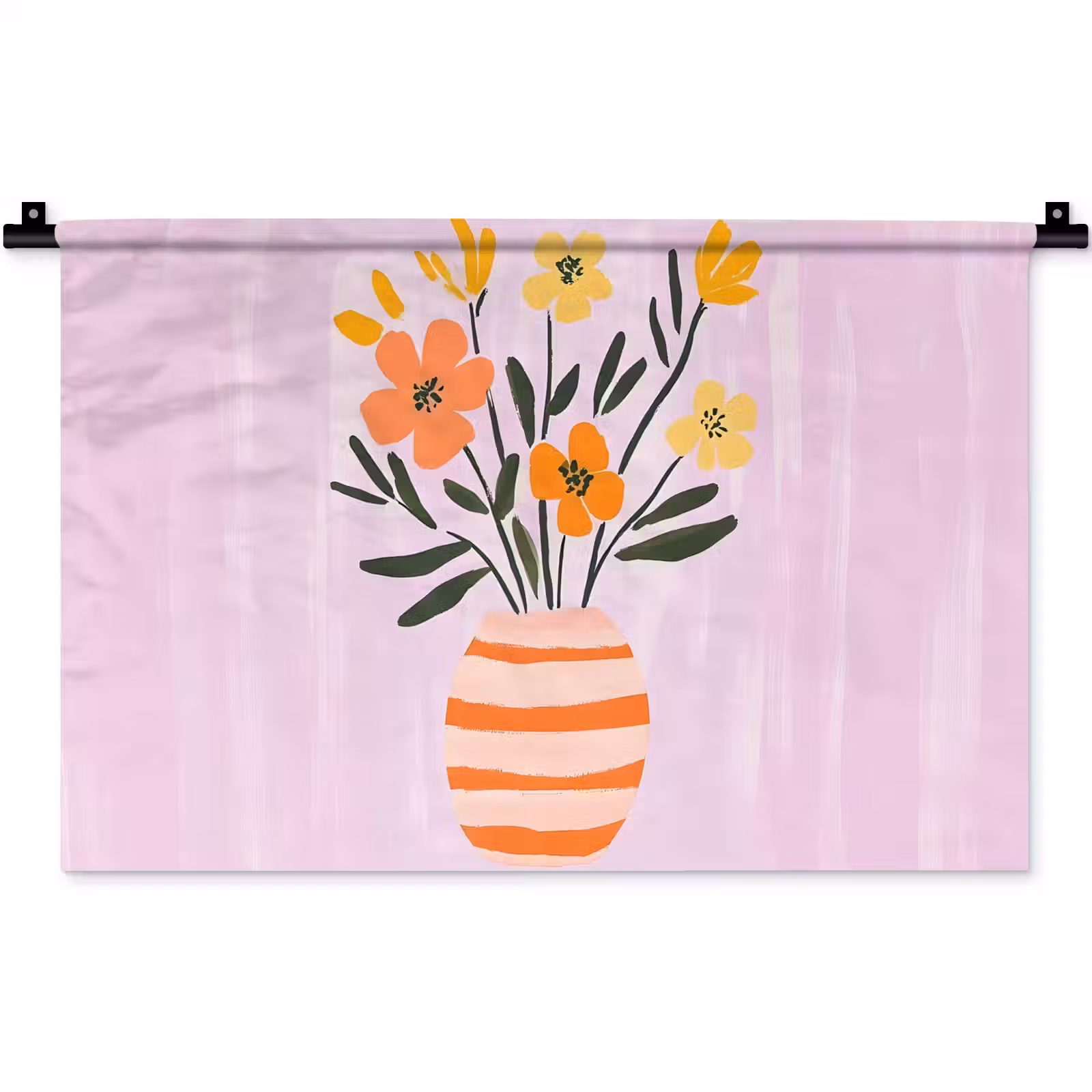 Wandkleed - Vaas - Gestreept - Bloemen - Oranje — 1