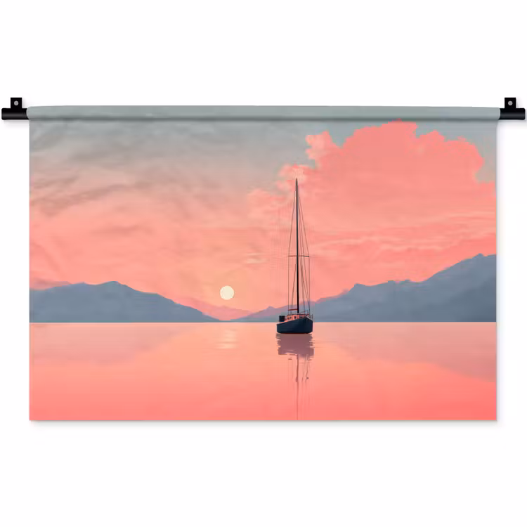 Wandkleed - Zeilboot - Roze zee - Zonsondergang - Bergen — 1