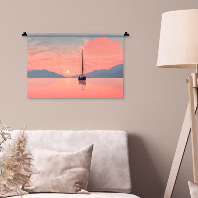 Wandkleed - Zeilboot - Roze zee - Zonsondergang - Bergen — 2