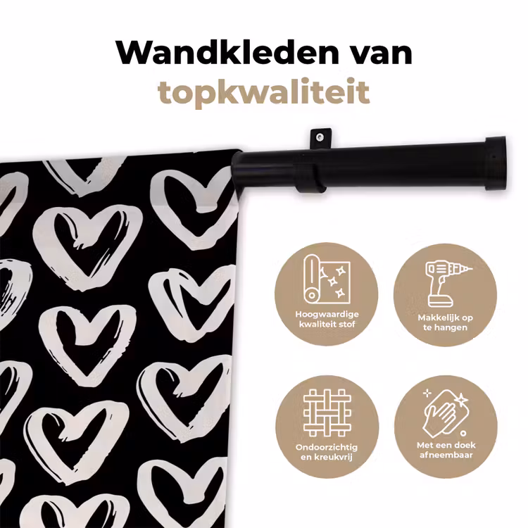 Wandkleed - Zwart - Wit - Hartjes - Patroon — 3