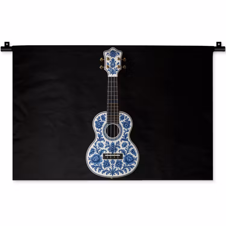Wandkleed - Ukelele - Delfts - Blauw - Muziek — 1