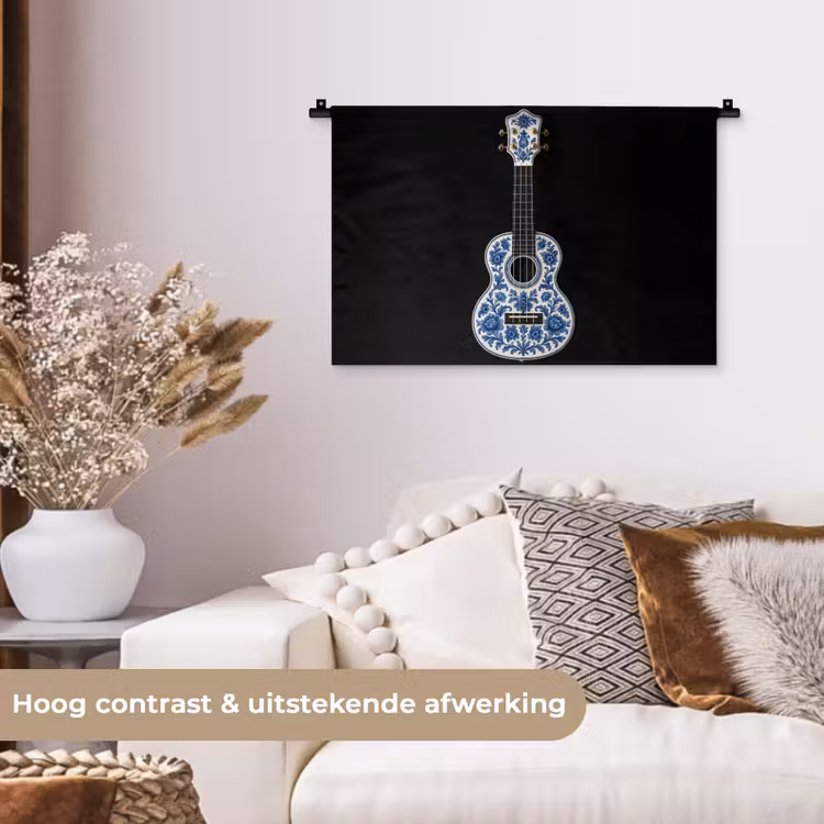Wandkleed - Ukelele - Delfts - Blauw - Muziek — 4