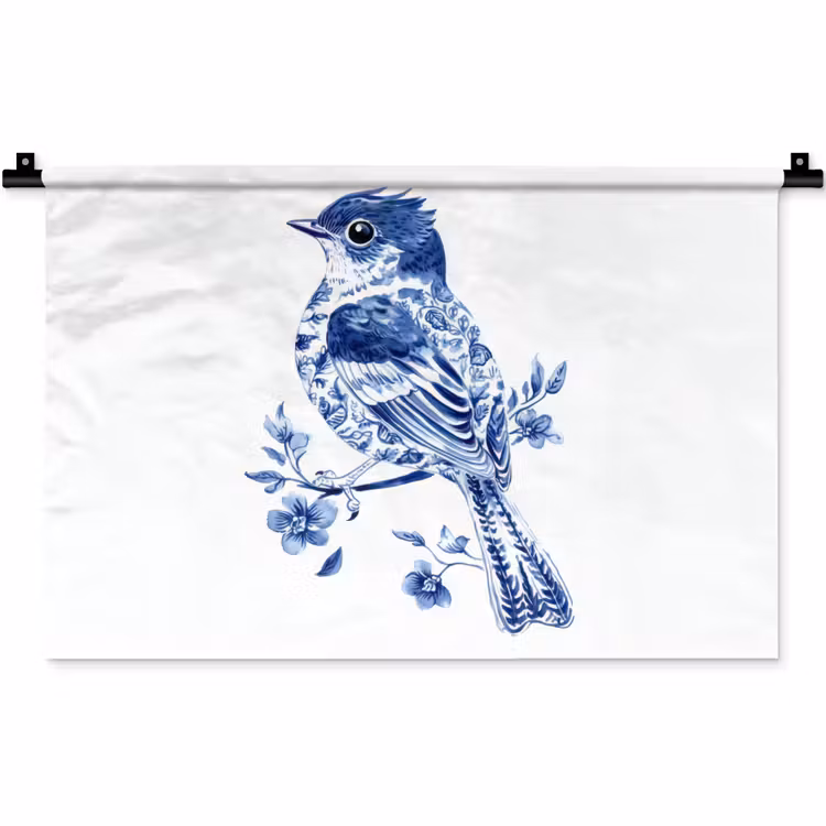 Wandkleed - Vogel - Delfts blauw - Illustratie - Bloemen — 1