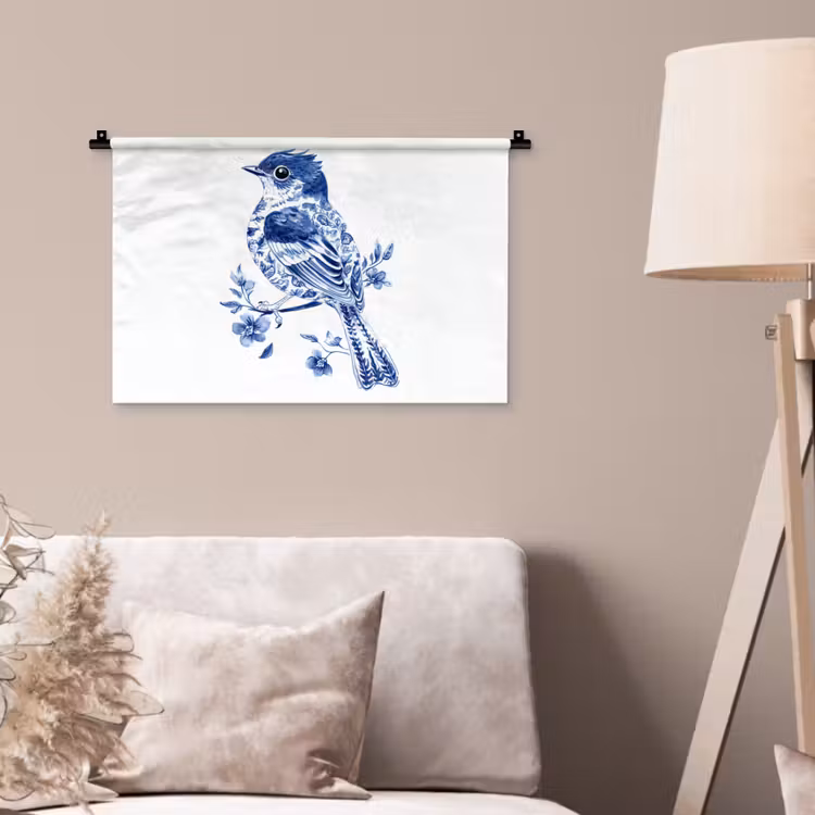 Wandkleed - Vogel - Delfts blauw - Illustratie - Bloemen — 2