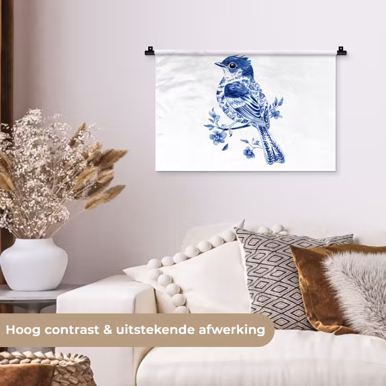 Wandkleed - Vogel - Delfts blauw - Illustratie - Bloemen — 4