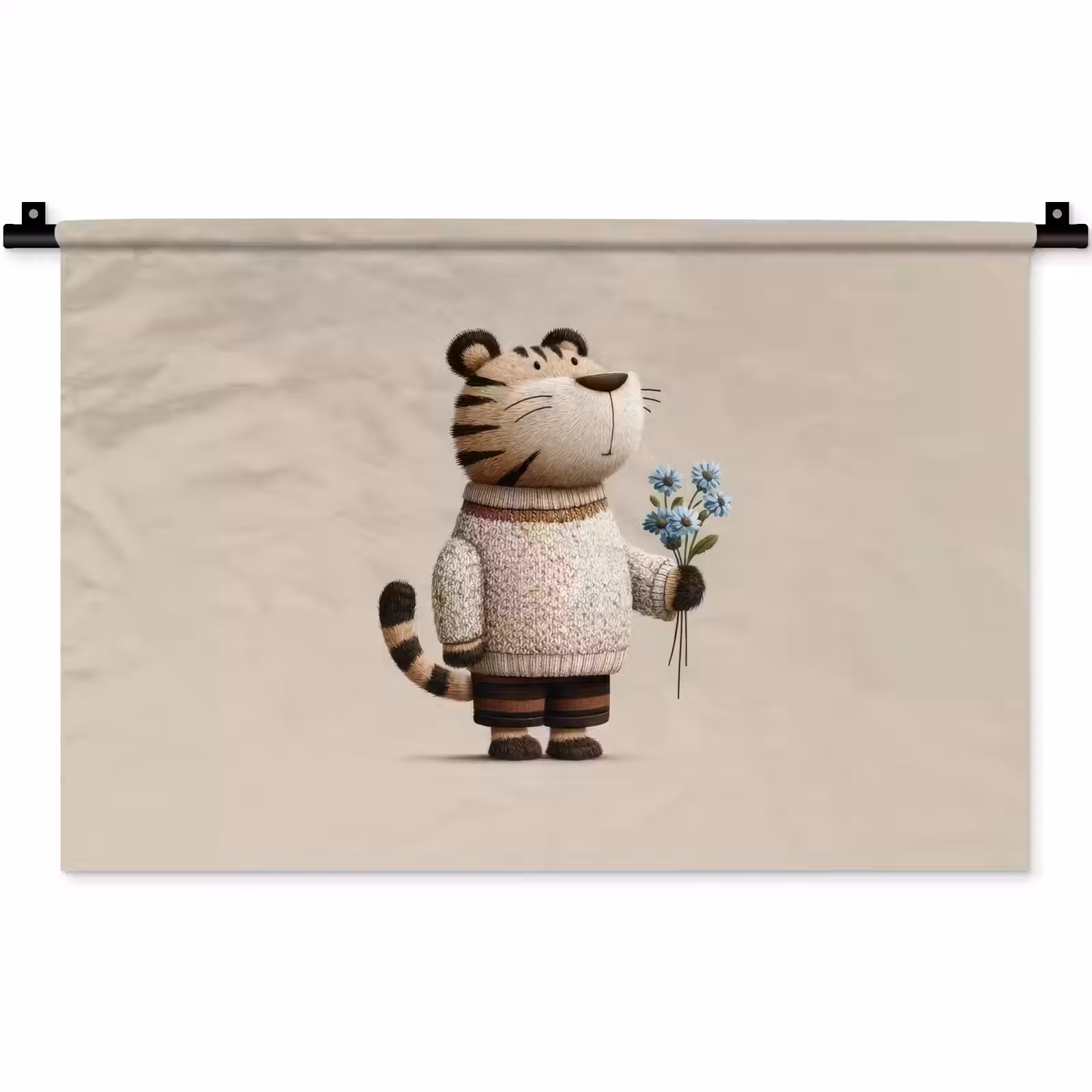 Wandkleed - Tijger - Blauwe bloemen - Rustig — 1