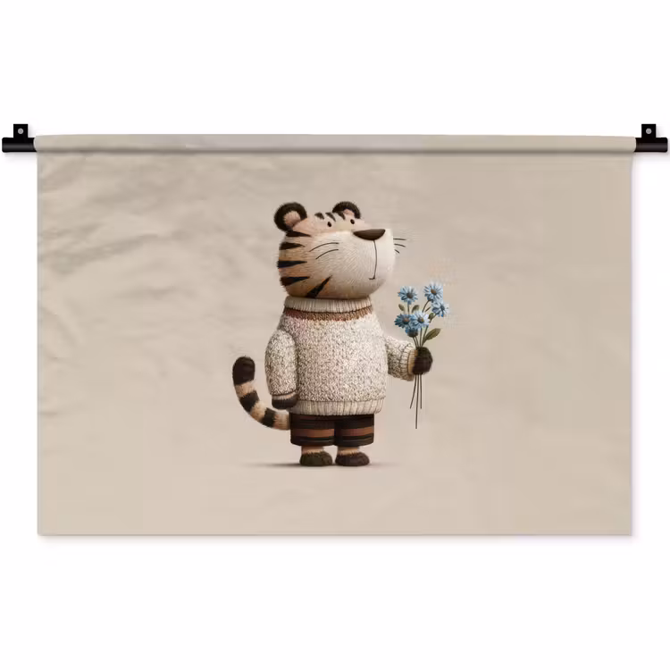 Wandkleed - Tijger - Blauwe bloemen - Rustig — 1