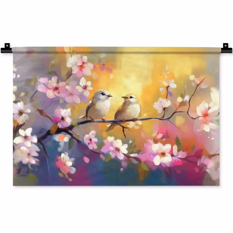 Wandkleed - Vogels - Bloemen - Roze — 1
