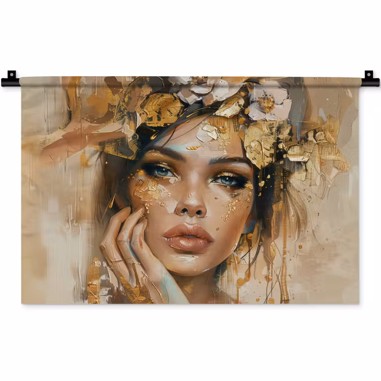 Wandkleed - Vrouw - Bloemen - Goud - Portret — 1