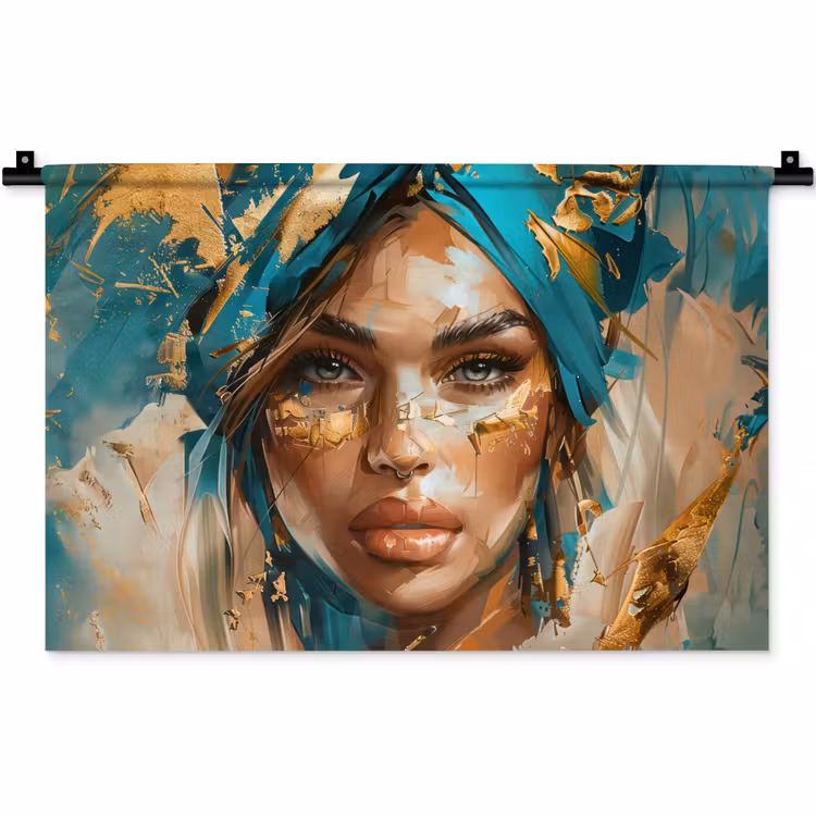 Wandkleed - Vrouw - Portret - Goud - Luxe - Blauw — 1