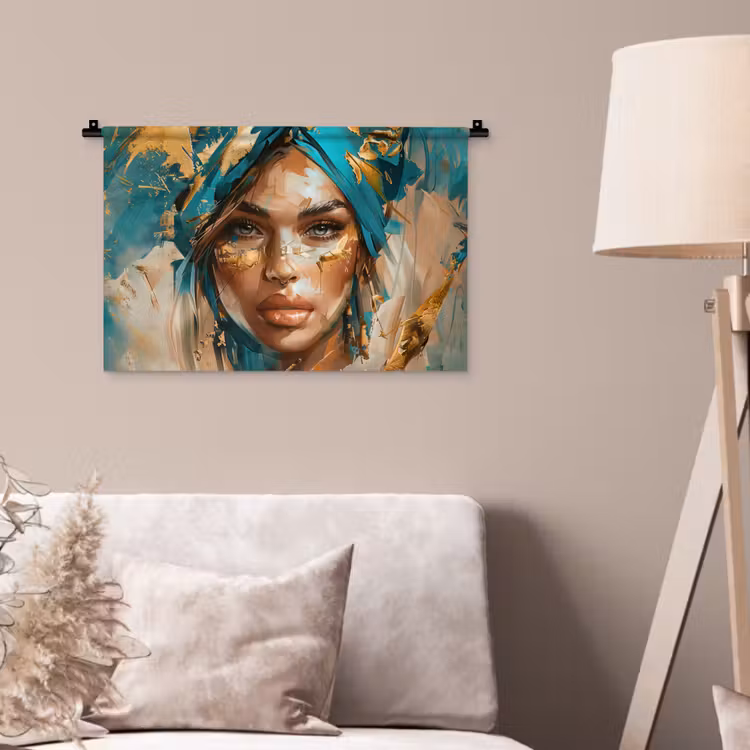 Wandkleed - Vrouw - Portret - Goud - Luxe - Blauw — 2