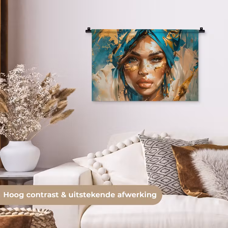 Wandkleed - Vrouw - Portret - Goud - Luxe - Blauw — 4