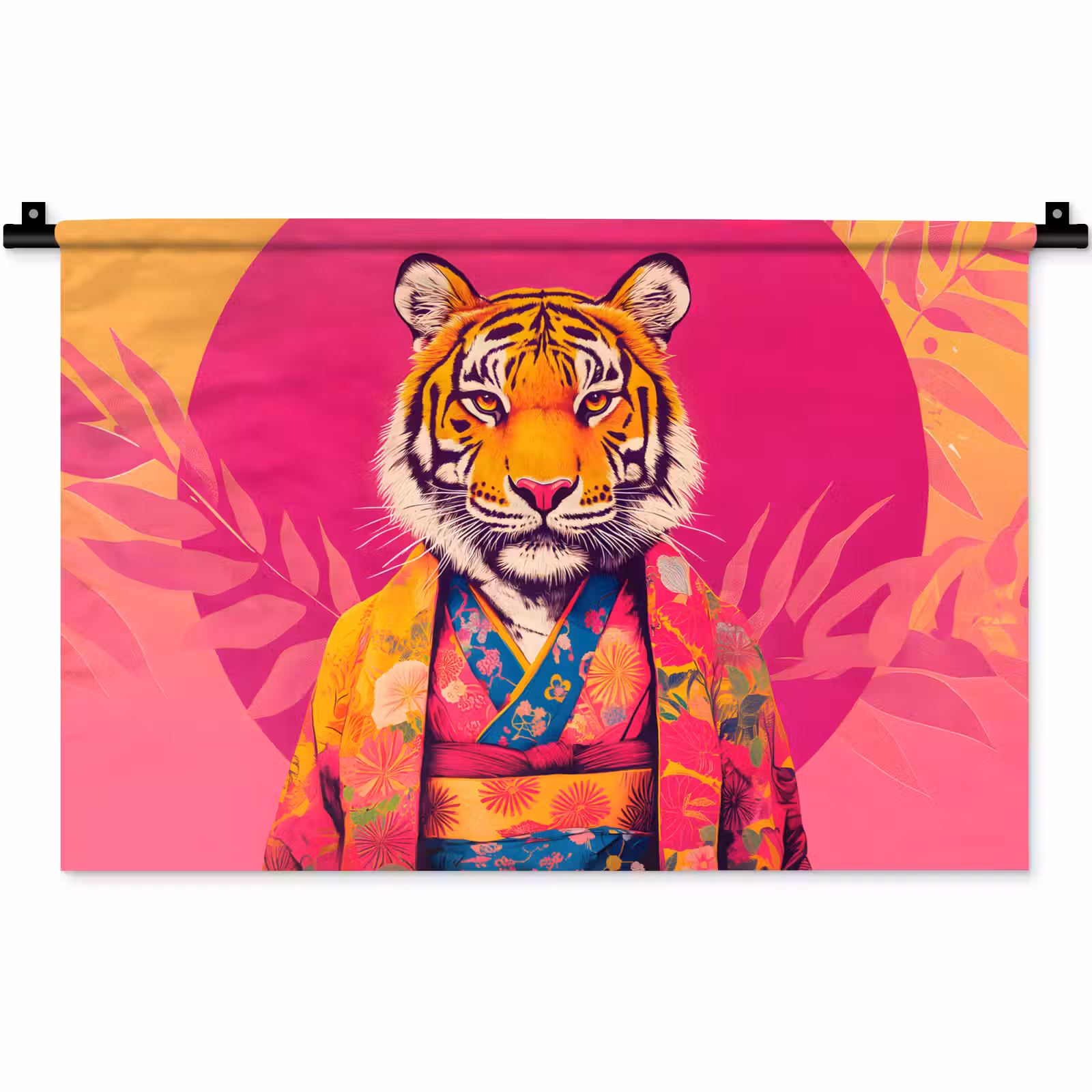 Wandkleed - Tijger - Kimono - Planten - Roze — 1