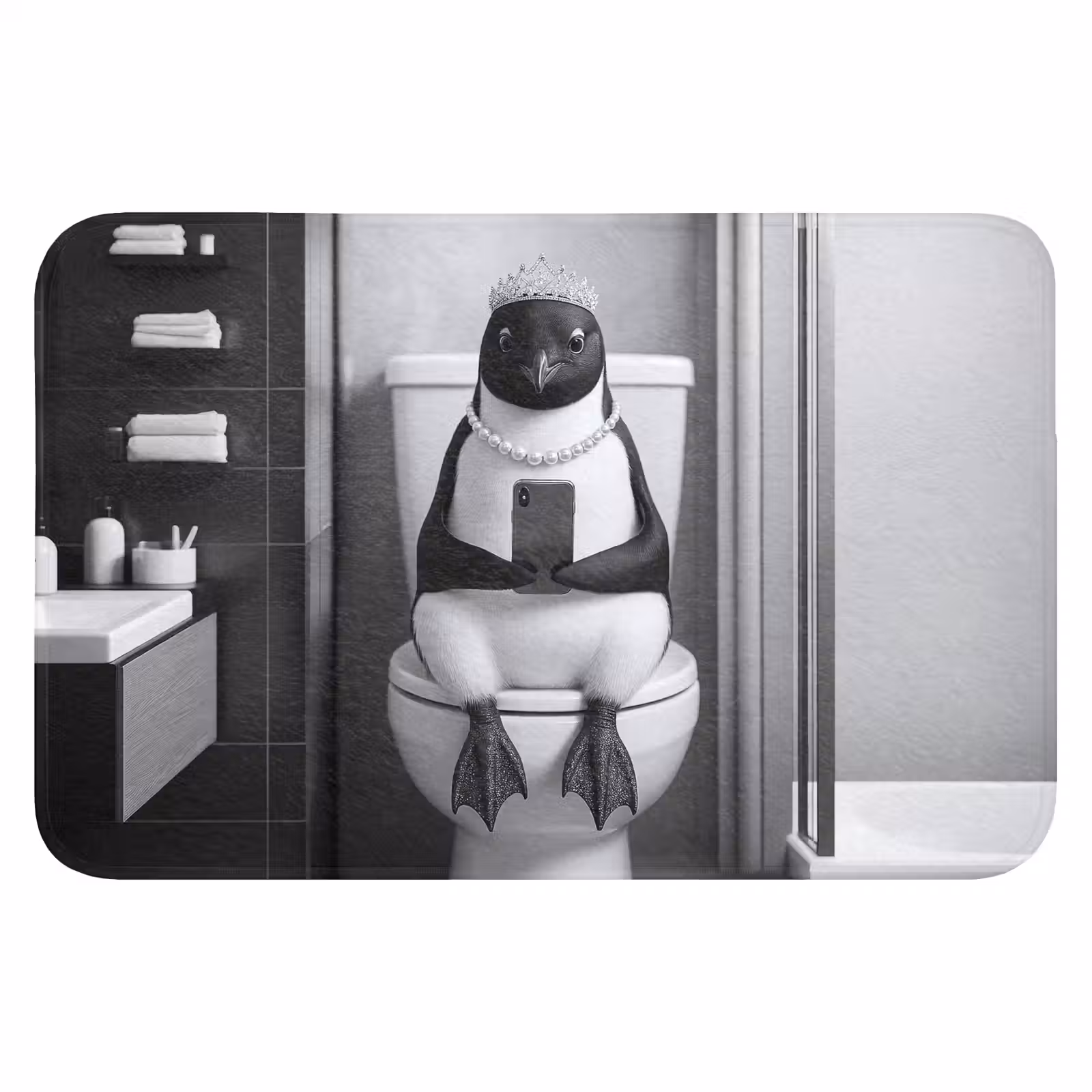 WC Mat - Pinguïn - Telefoon - Toilet - Zwart - Wit — 1