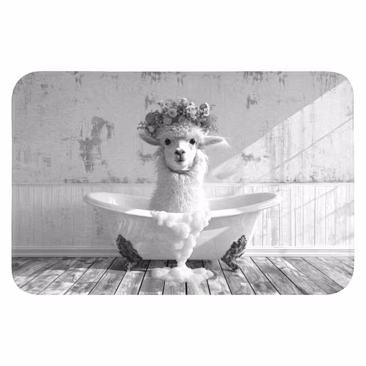 WC Mat - Alpaca - Bloemen - Dier - Bad - Zwart - Wit — 1