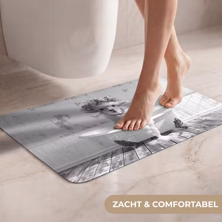 WC Mat - Alpaca - Bloemen - Dier - Bad - Zwart - Wit — 7