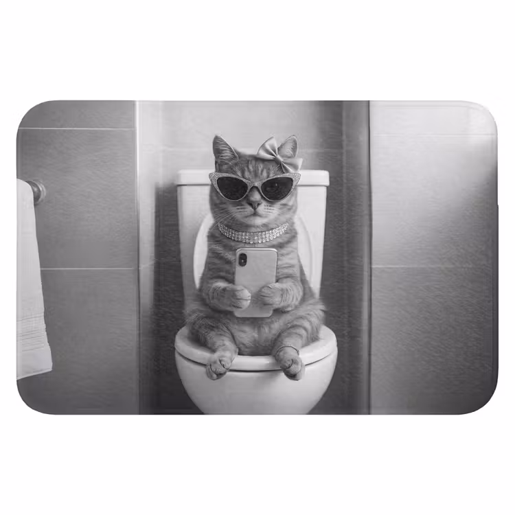WC Mat - Kat - Telefoon - Toilet - Zwart - Wit — 1