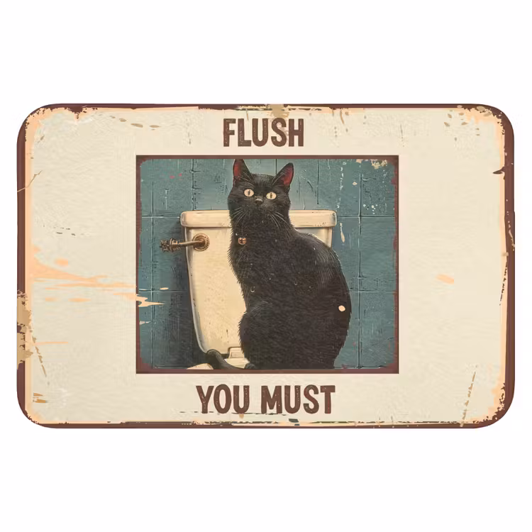 WC Mat - Kat - Vintage - Zwart - Quote - Flush you must — 1