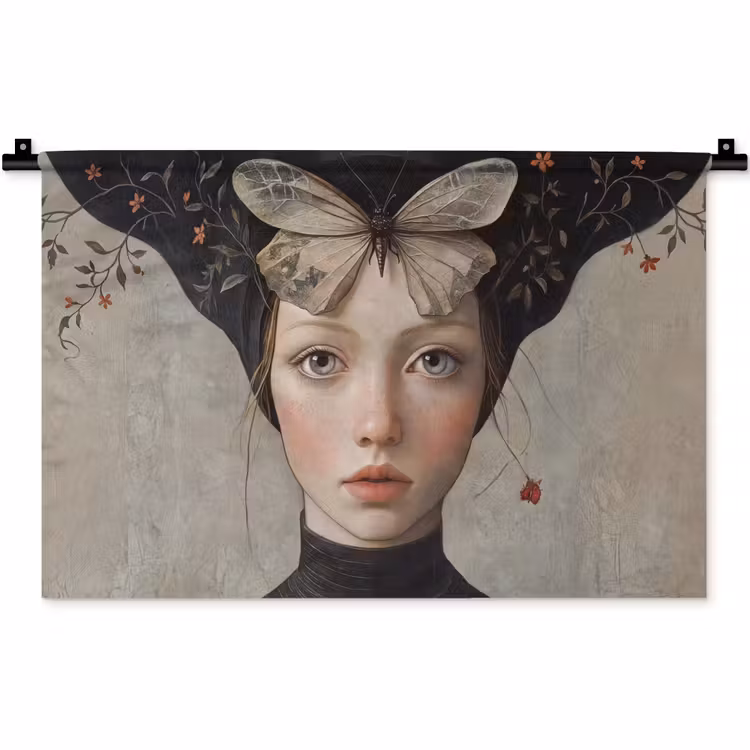 Wandkleed - Woman - Butterfly - Art - Classic - Muted — 1
