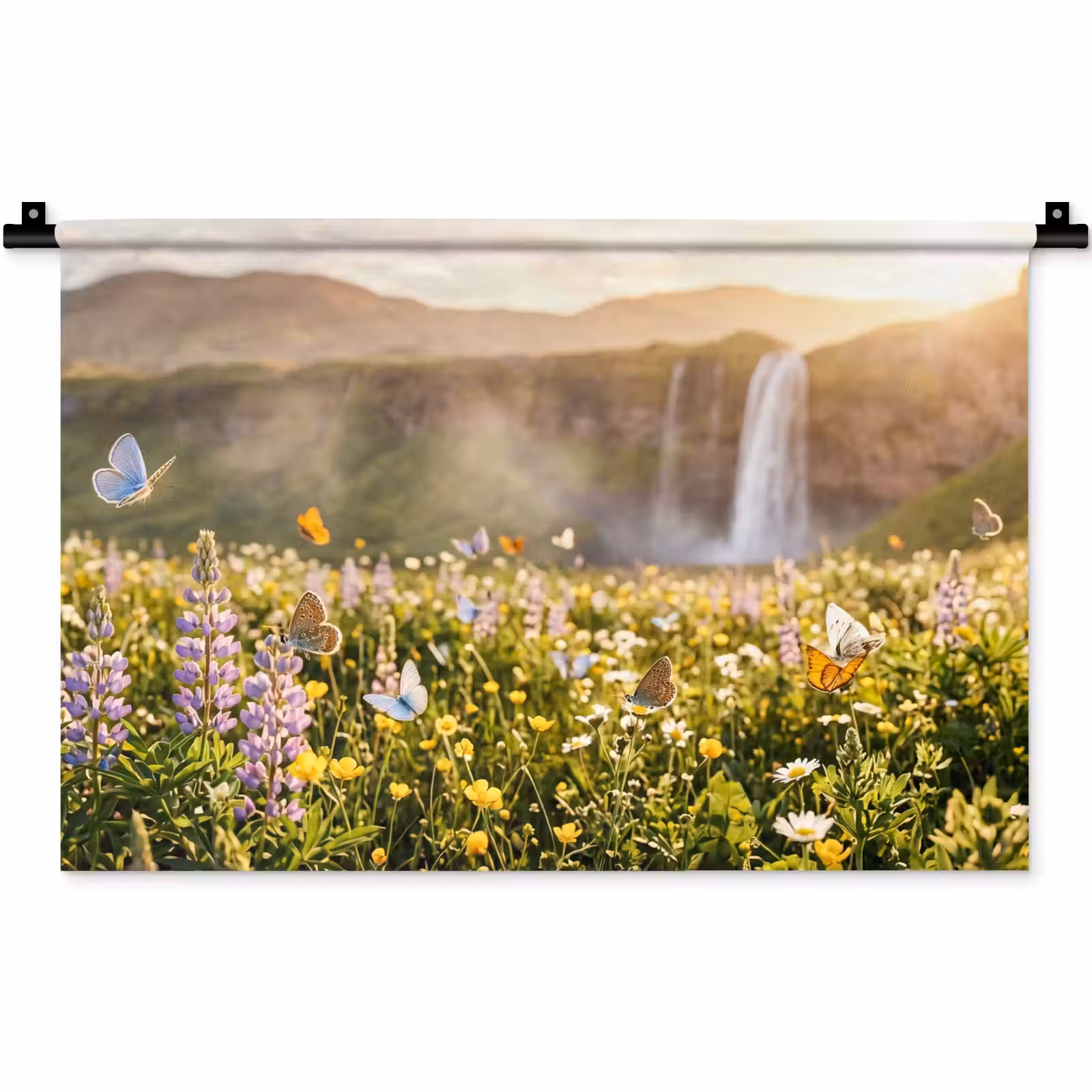 Wandkleed - Vlinders - Waterval - Bloemenveld — 1