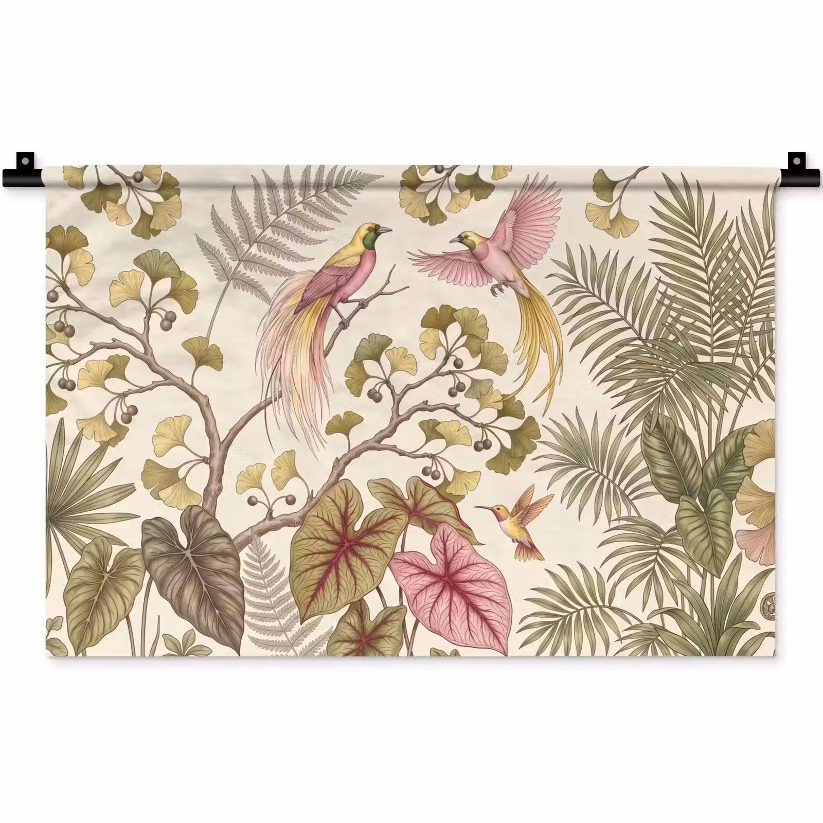 Wandkleed - Vogels - Tropisch - Botanisch - Roze — 1