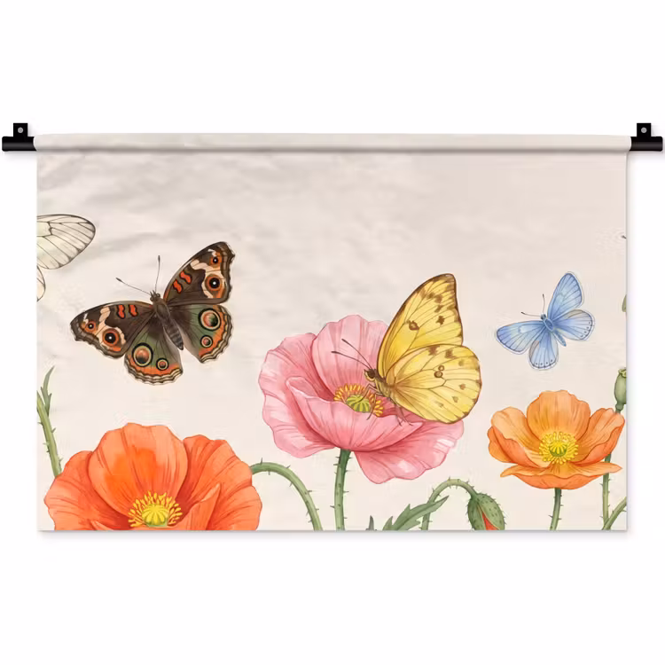 Wandkleed - Vlinders - Klaprozen - Illustratie - Kleurrijk — 1