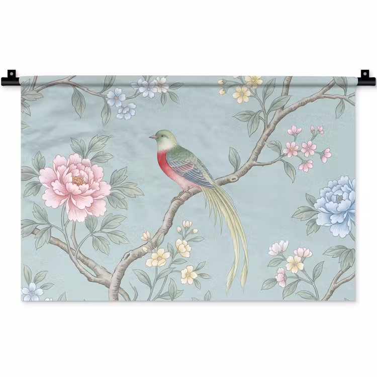 Wandkleed - Vogel - Bloemen - Kleurrijk — 1