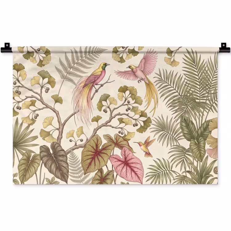 Wandkleed - Vogels - Tropisch - Botanisch - Roze — 1