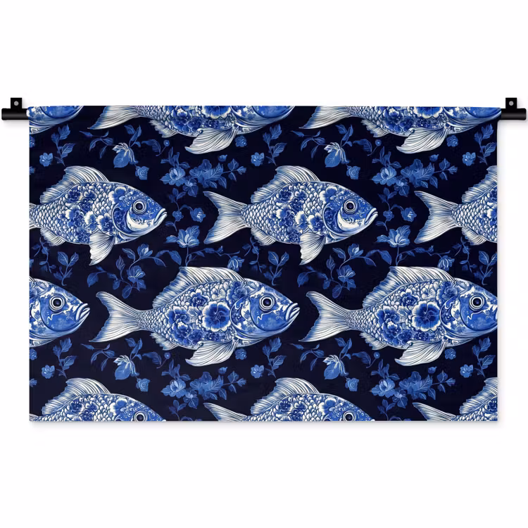 Wandkleed - Vissen - Bloemen - Blauw — 1