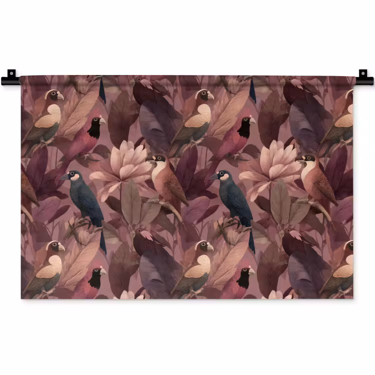 Wandkleed - Vogels - Bladeren - Roze — 1