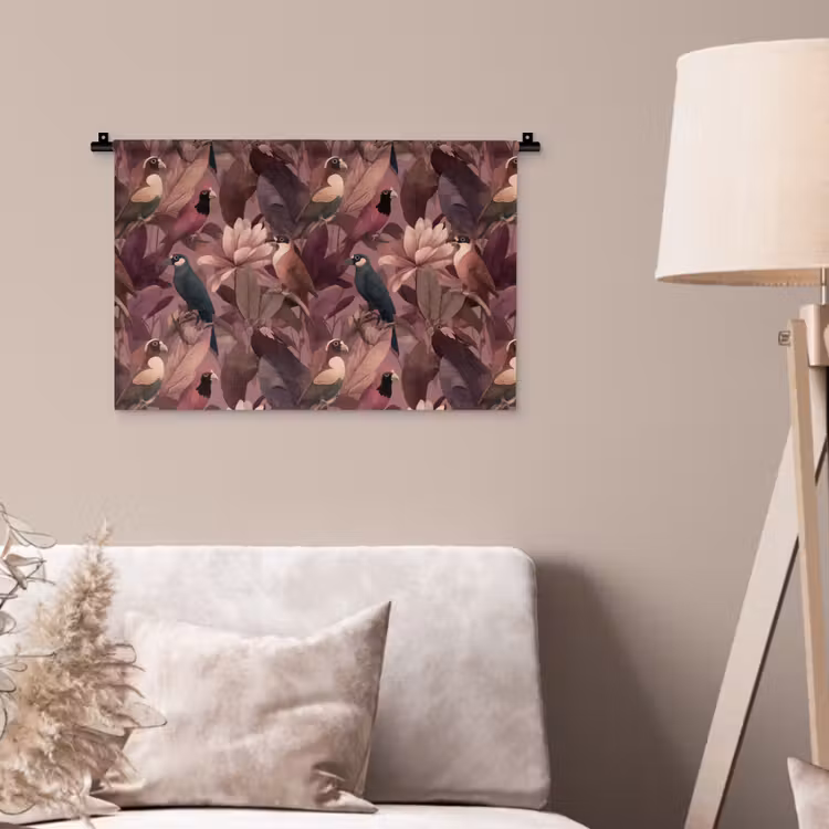 Wandkleed - Vogels - Bladeren - Roze — 2