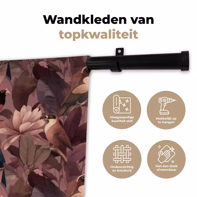 Wandkleed - Vogels - Bladeren - Roze — 3