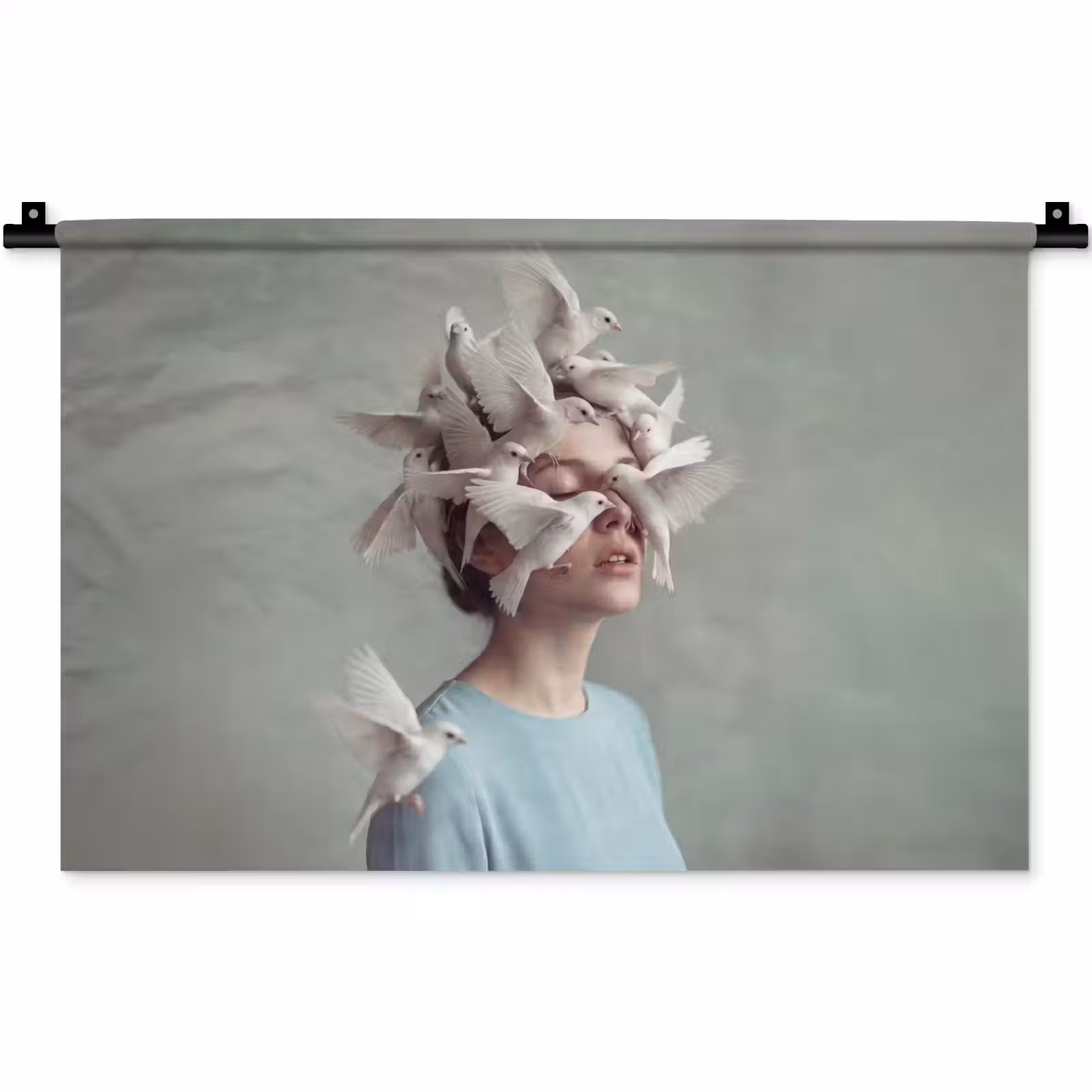 Wandkleed - Vrouw - Vogels - Abstract - Modern - Wit — 1